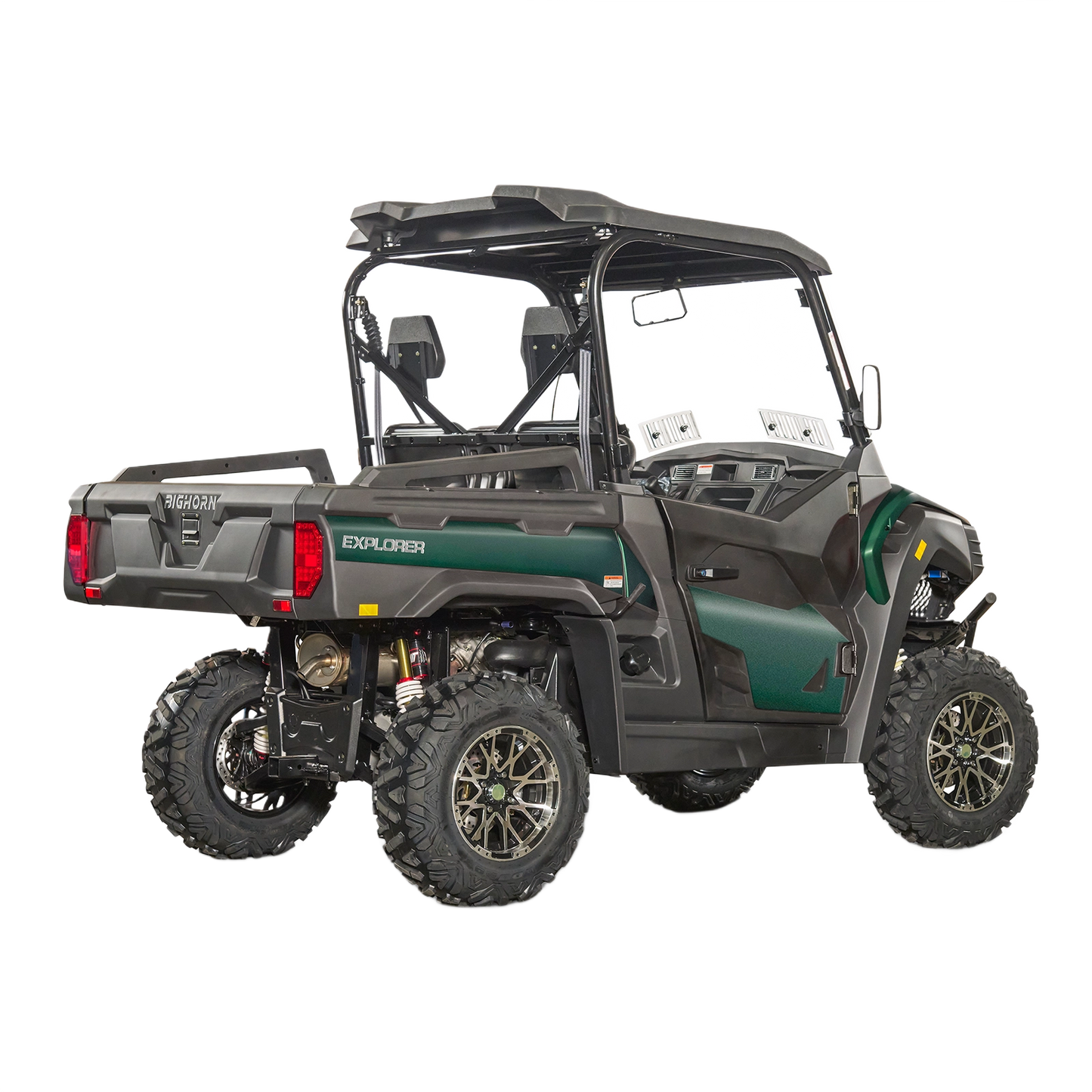 Green off-road utility vehicle with rugged tires and roof for outdoor work in tools and home improvement projects