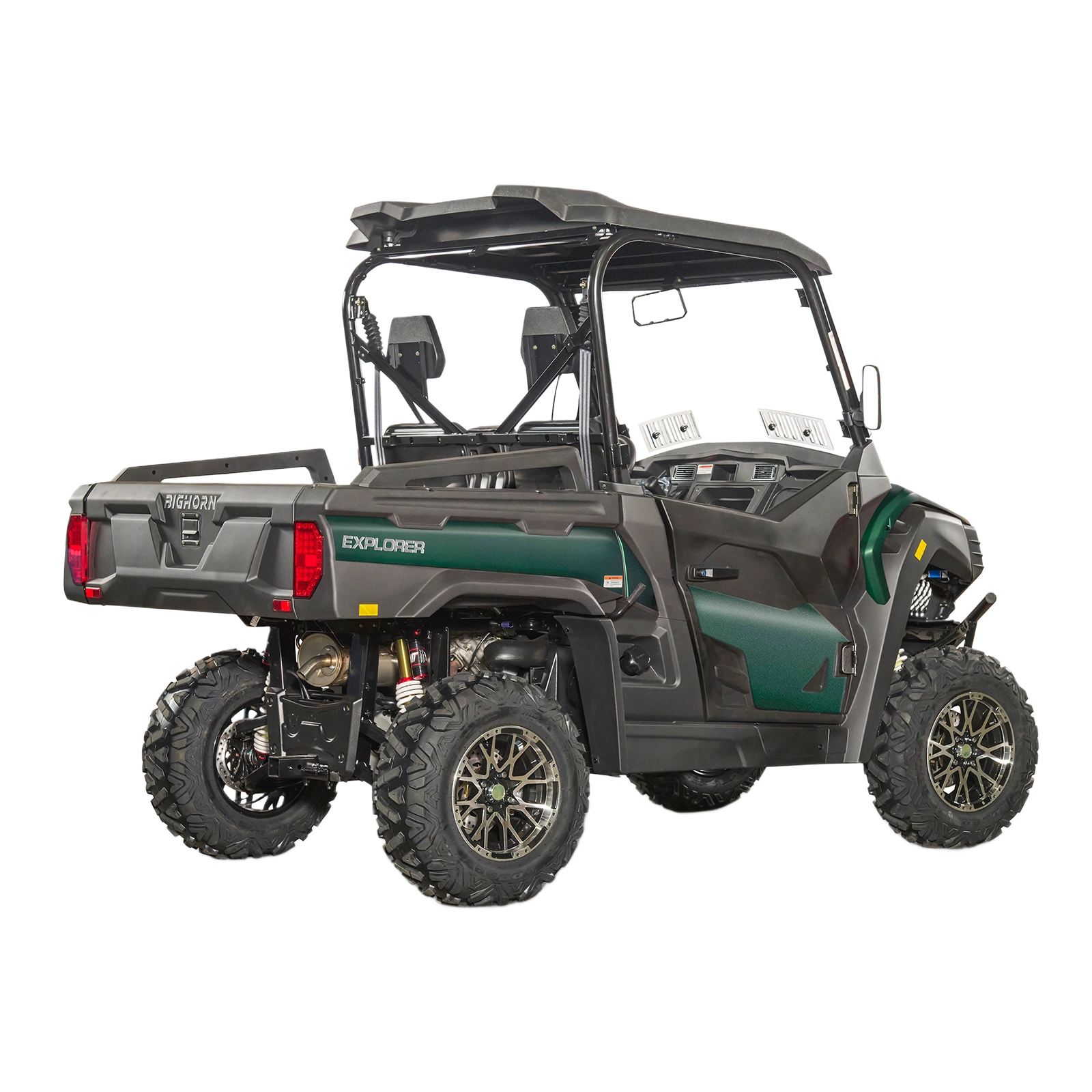 Green off-road utility vehicle with rugged tires and roof for outdoor work in tools and home improvement projects