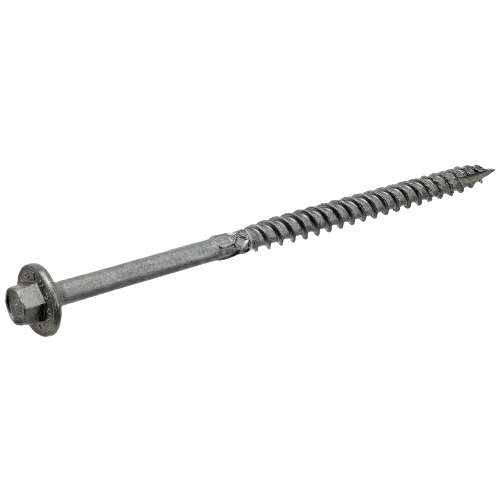 Gray structural screw with hex washer head for fastening ledger boards in hardware and lumber building materials collections