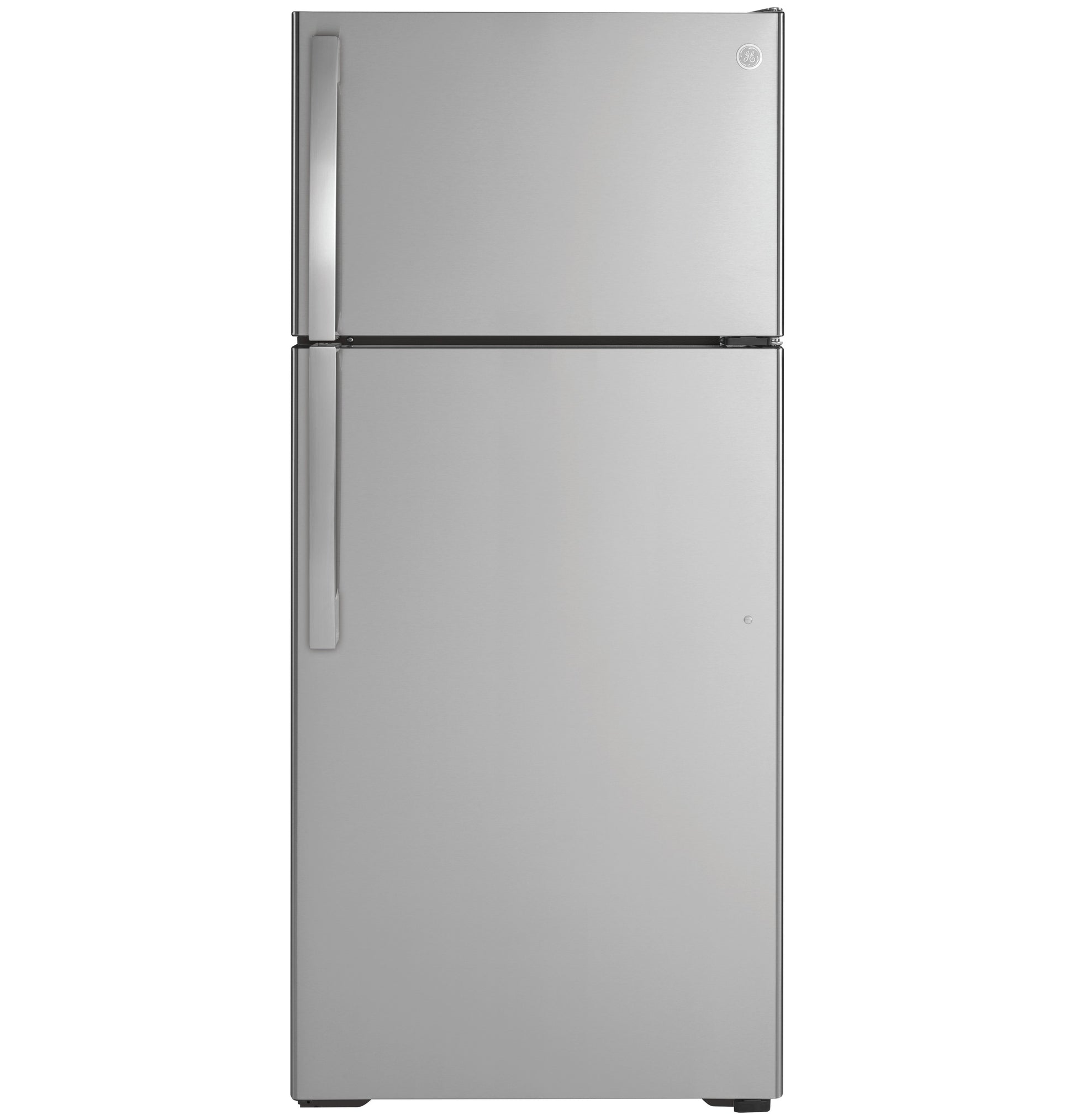 Front view of a stainless steel top-freezer refrigerator from the appliances collection for kitchen and home improvement.