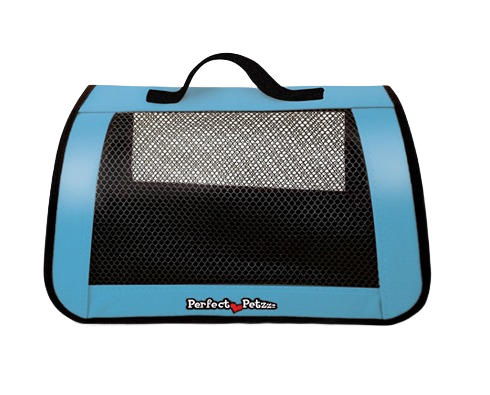 Blue soft-sided pet carrier tote with black mesh ventilation window and carrying handle