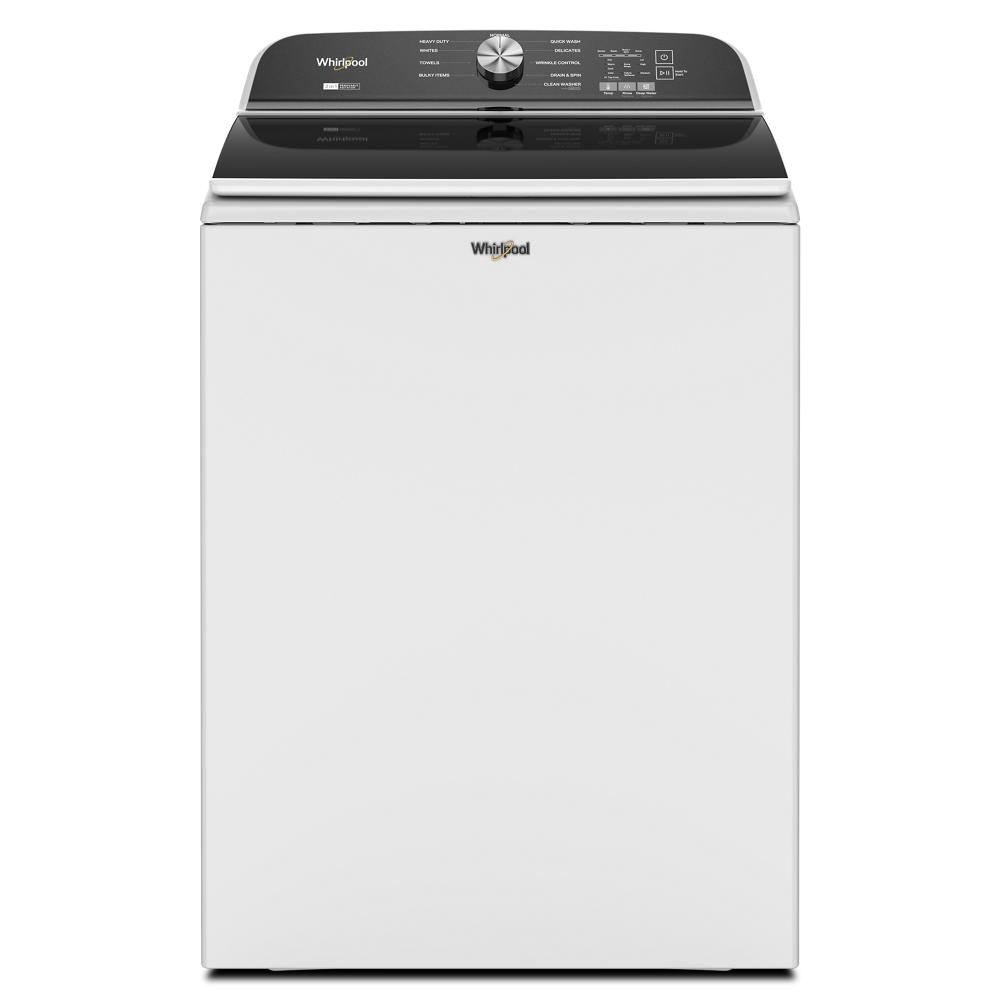 Front view of white top load washer with digital control panel and removable agitator from Washers collection