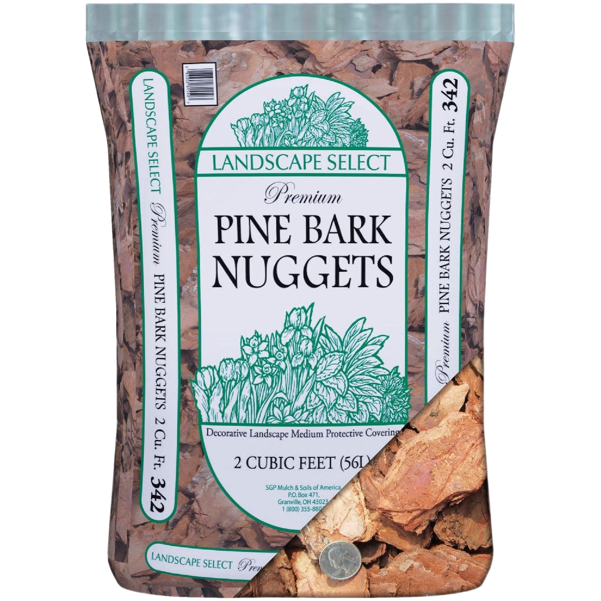 Bag of Landscape Select pine bark nuggets with green labeling for home improvement and garden use