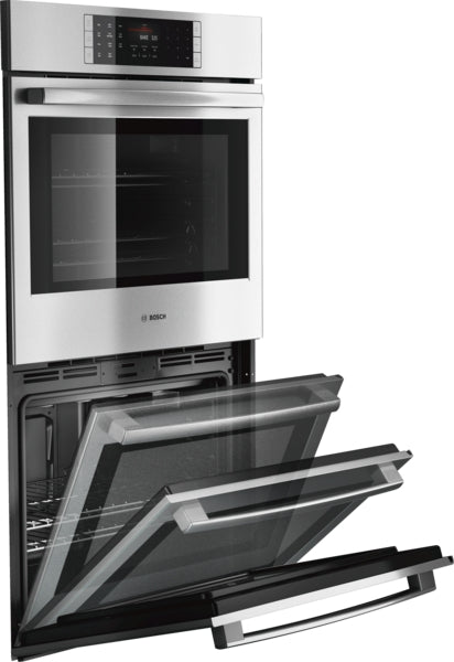 Stainless steel double wall oven with dual drop-down doors and digital color TFT controls from Bosch Appliances collection