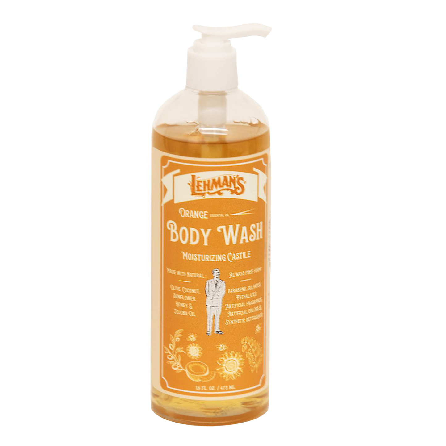 Clear plastic pump bottle of orange scented moisturizing castile body wash in Health & Beauty under $50 collection