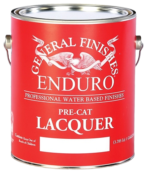 Red metal can of General Finishes Enduro water based pre-cat lacquer for wood finishing and paint supplies collections under 100 dollars