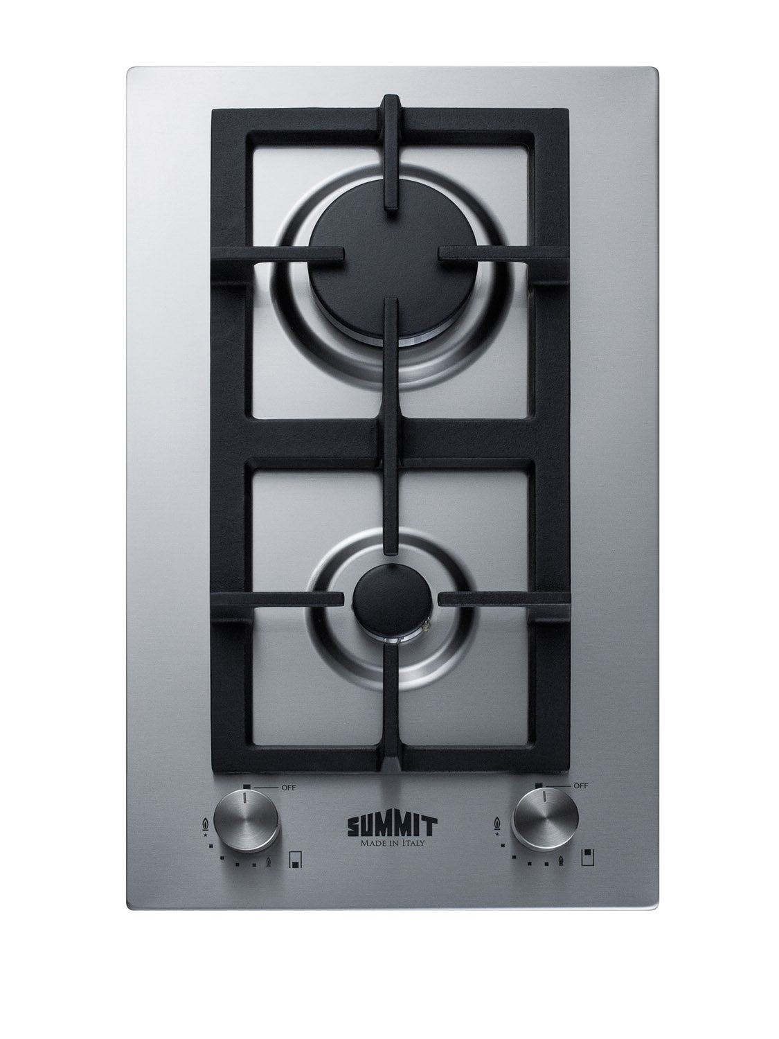 Stainless steel propane gas cooktop with two burners and black cast iron grates for home improvement kitchens