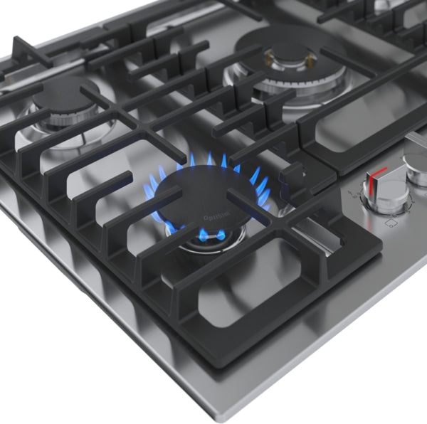 Close-up of stainless steel gas cooktop burner with blue flame and black cast iron grates from Bosch cooktops collection