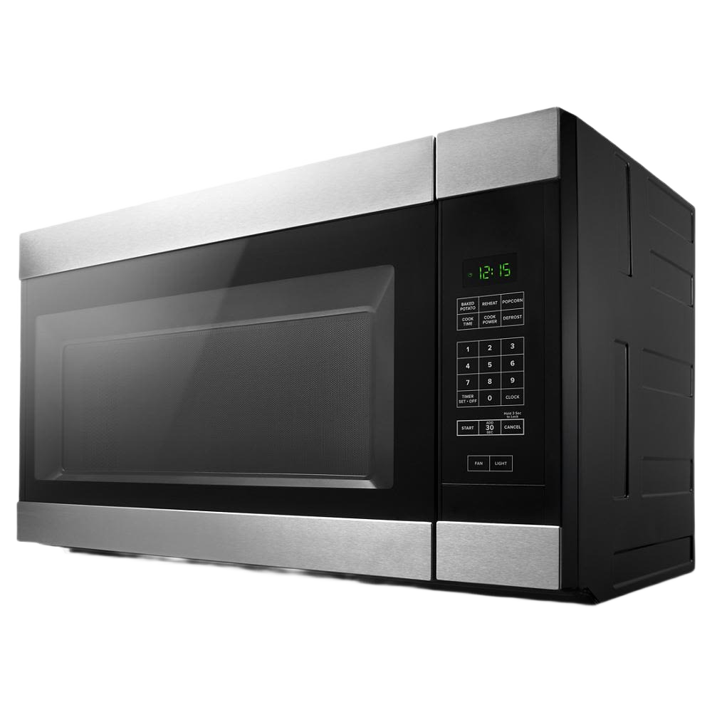 Stainless steel over-the-range microwave with digital keypad and green LED display in kitchen appliances collection