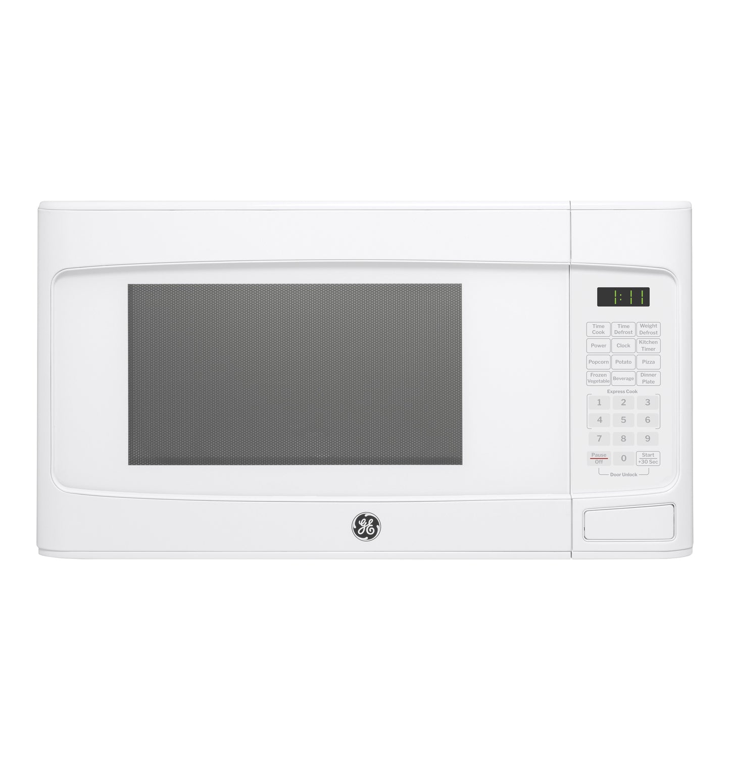 White countertop microwave oven with digital control panel and time display, part of kitchen appliances collection