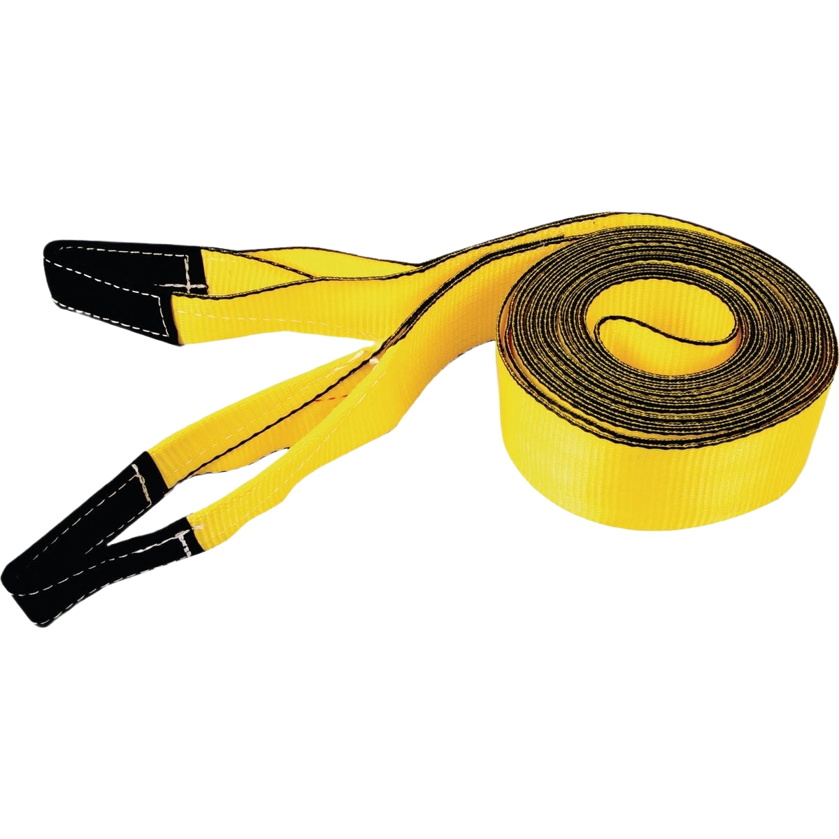 Heavy-duty yellow tow strap with reinforced loops designed for towing and home improvement tasks
