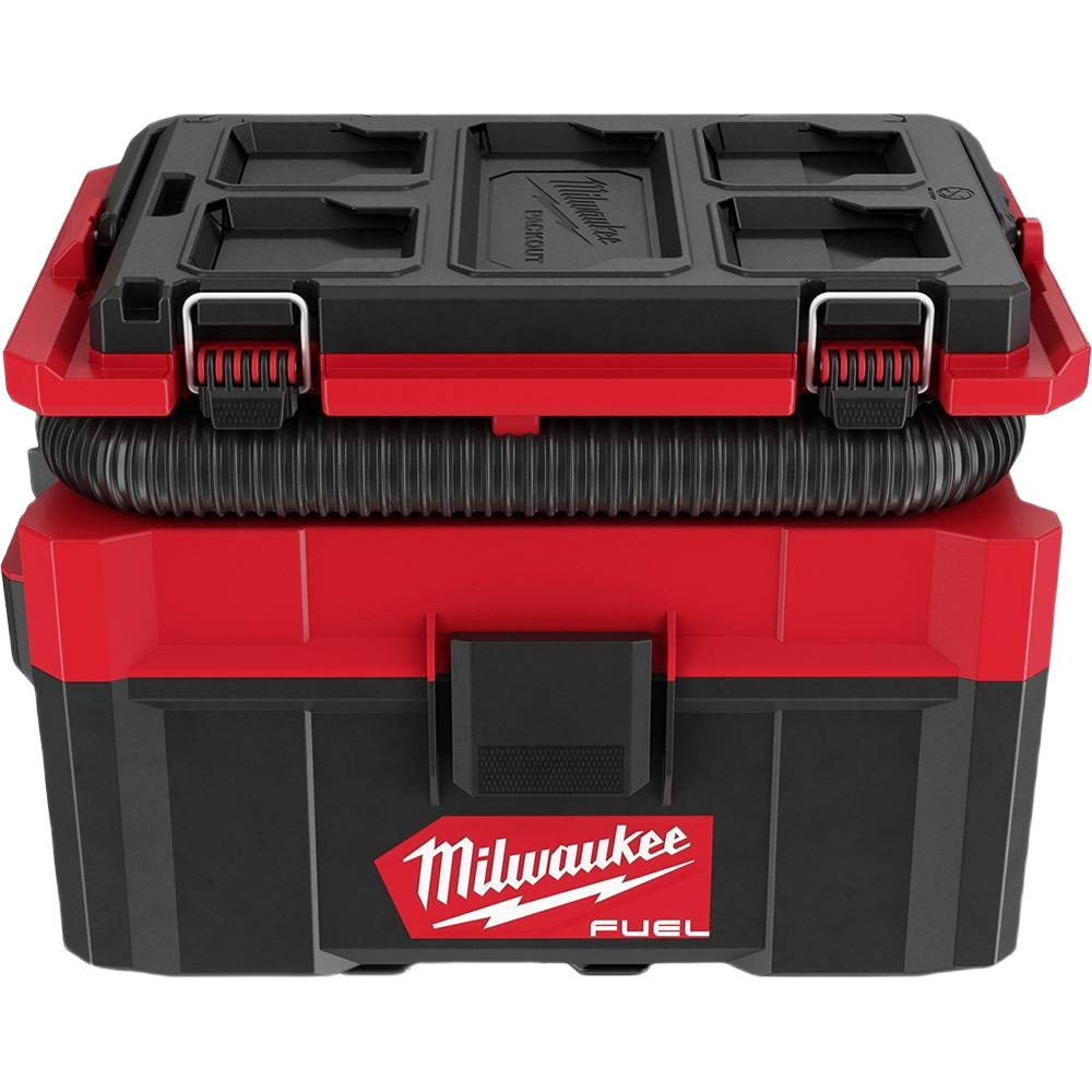 Compact red and black wet/dry vacuum with sturdy latches and flexible hose for tools and home improvement tasks