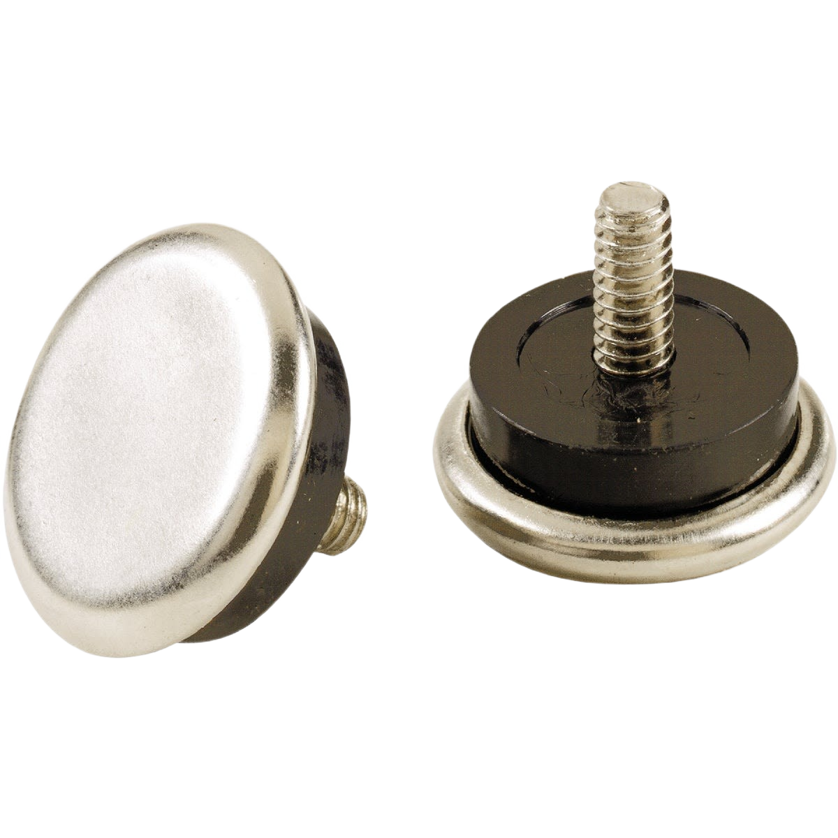 Pair of nickel adjustable furniture glides with threaded stems for leveling and protecting floors in home improvement tasks