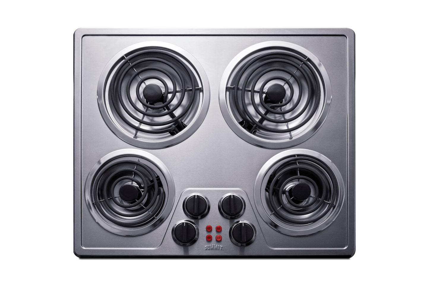 24-inch electric cooktop with four coil burners and control knobs for kitchen and home improvement appliances