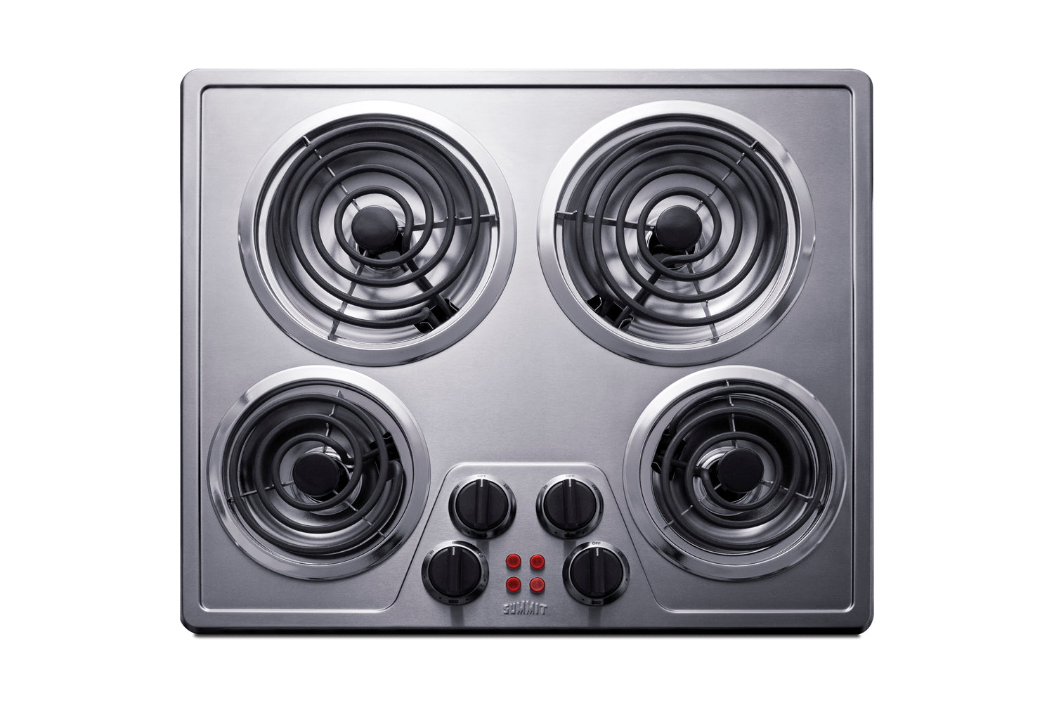 24-inch electric cooktop with four coil burners and control knobs for kitchen and home improvement appliances