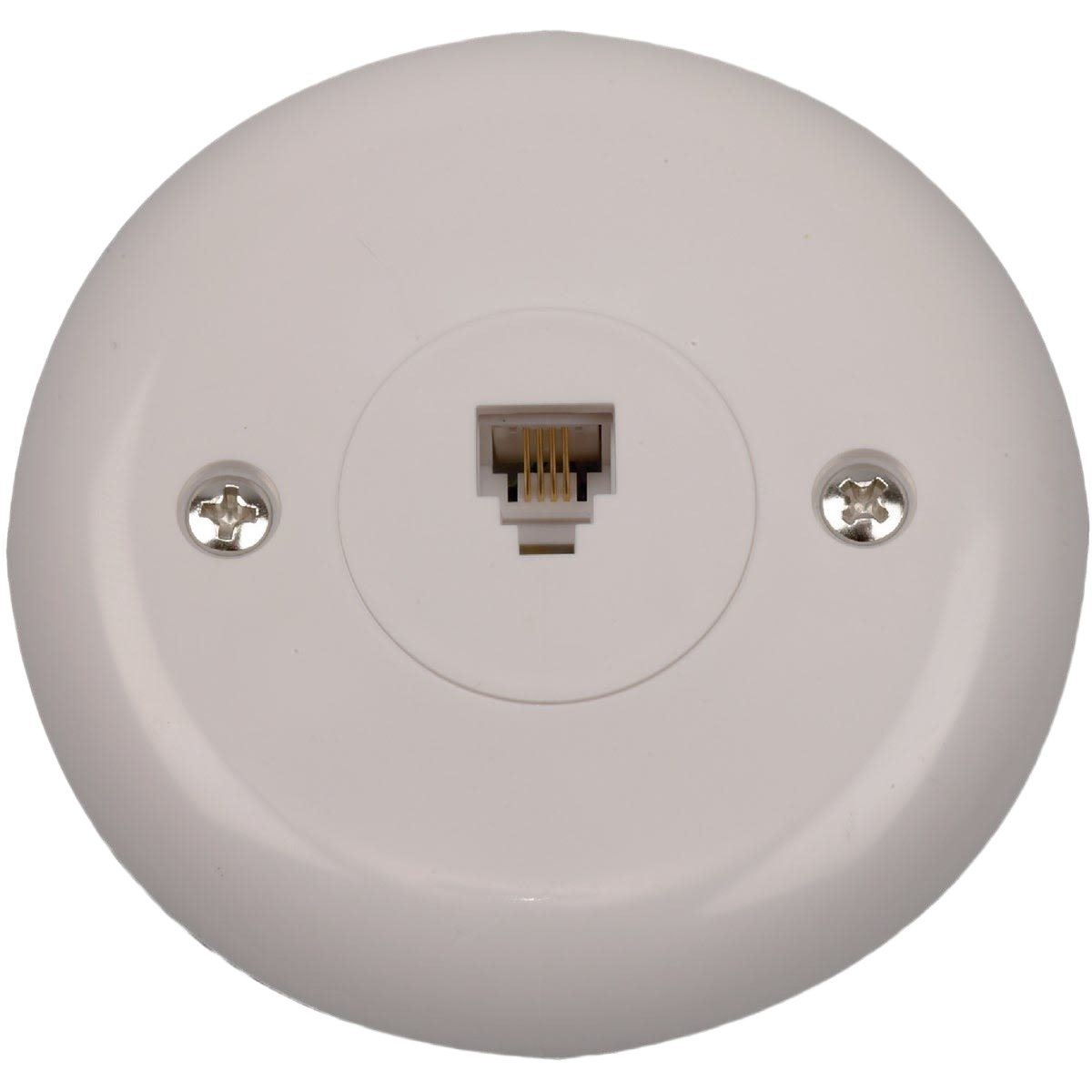 White round telephone jack wall plate designed for phone and fax line connections in electrical and wire collections