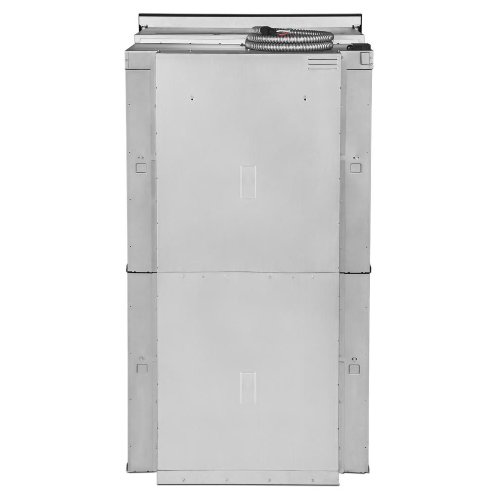 Rear view of stainless steel double wall oven housing unit with venting components visible on top