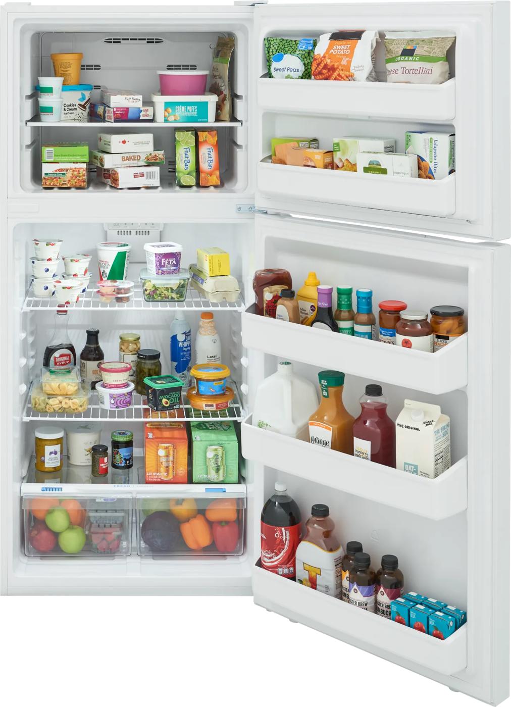 Open white top freezer refrigerator showing organized interior storage and clear humidity-controlled crispers for fresh produce