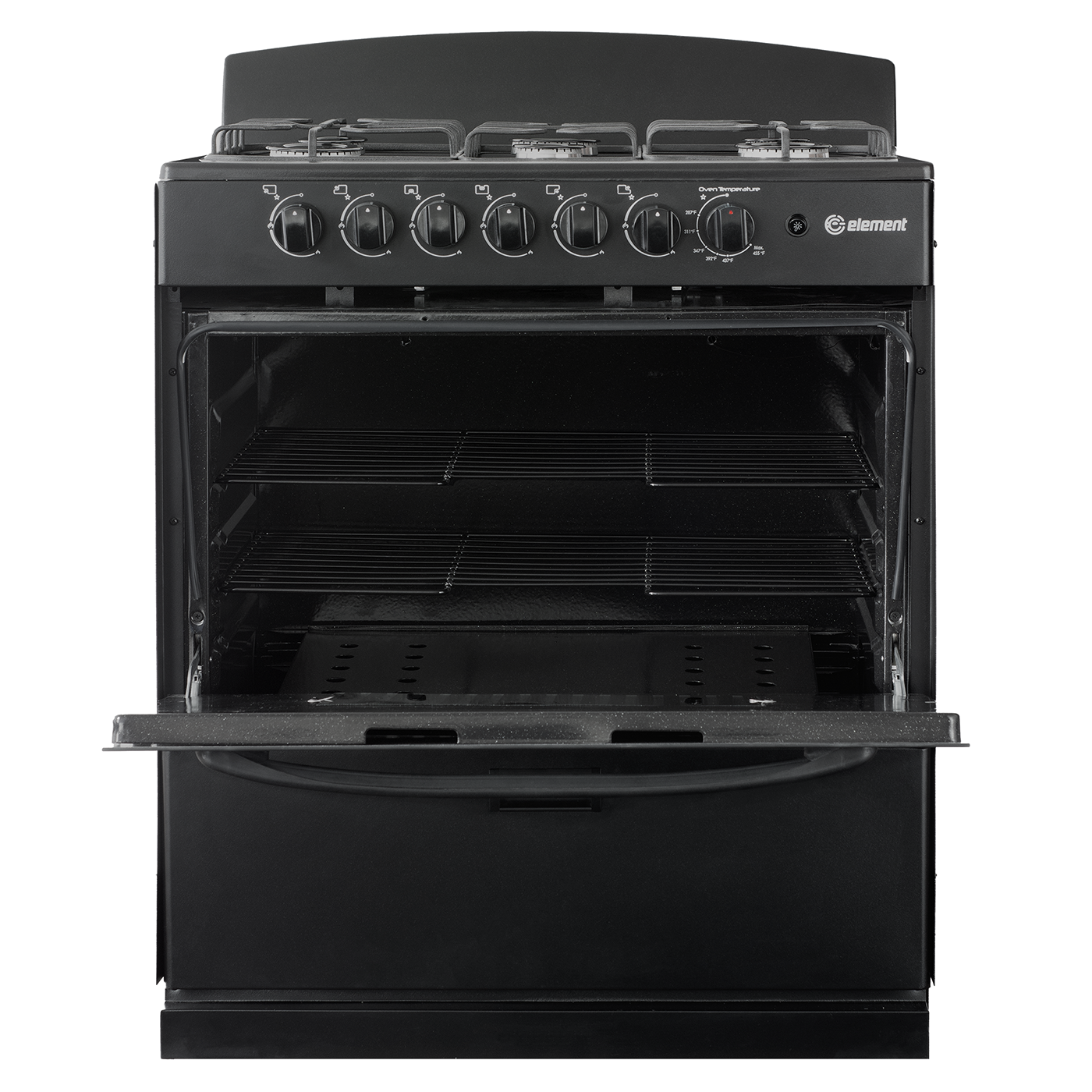 Black 30-inch gas range with six control knobs, open oven door revealing spacious interior with multiple racks, suitable for Ranges, Gas Ranges, Kitchen & Kitchenware, Appliances, and Ranges & Cooktops collections.