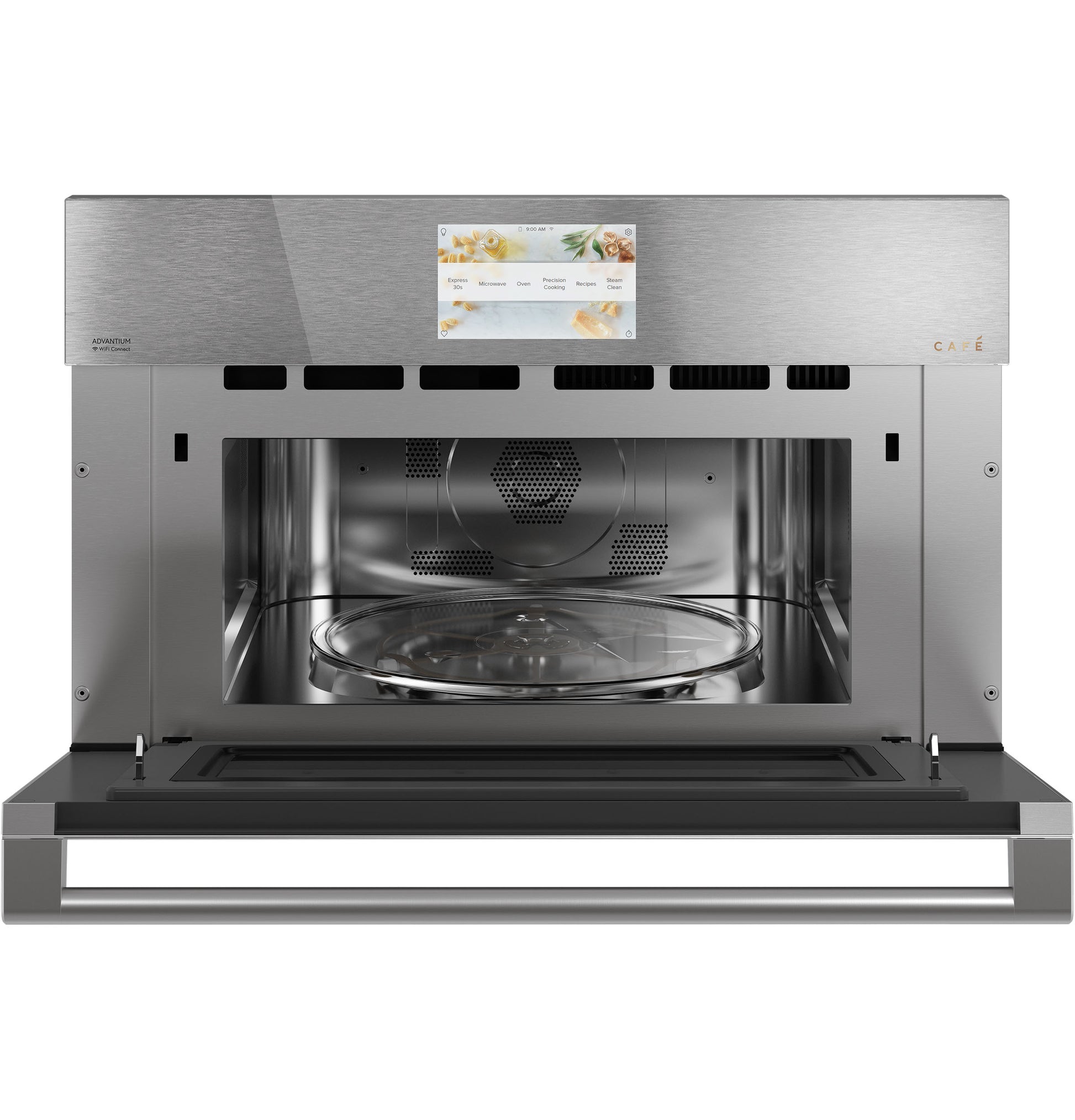 Open stainless steel single wall oven with digital touchscreen in modern kitchen and appliances collection
