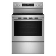 Front view of a stainless steel 30-inch smart freestanding electric range with convection cooking modes, digital controls, and spacious oven door, ideal for ranges, electric ranges, kitchen & kitchenware, appliances, and ranges & cooktops collections.
