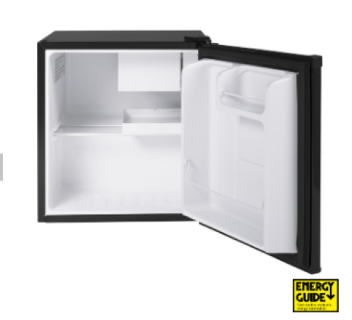 Open compact black refrigerator with white interior and small freezer compartment for kitchen and appliance use