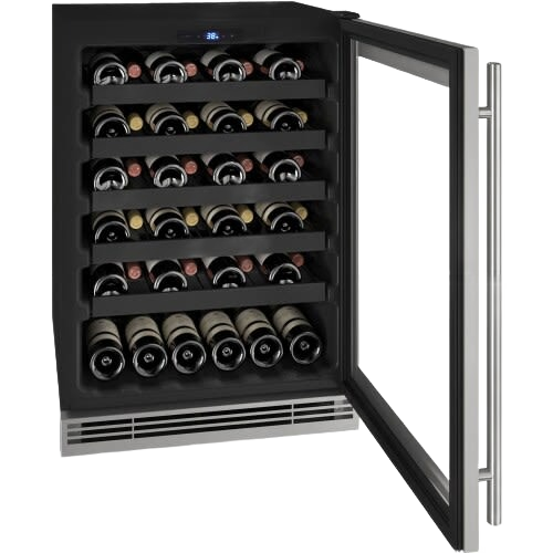 Compact black wine cooler with reversible hinge and stainless steel handle in refrigerators and kitchen appliances collection