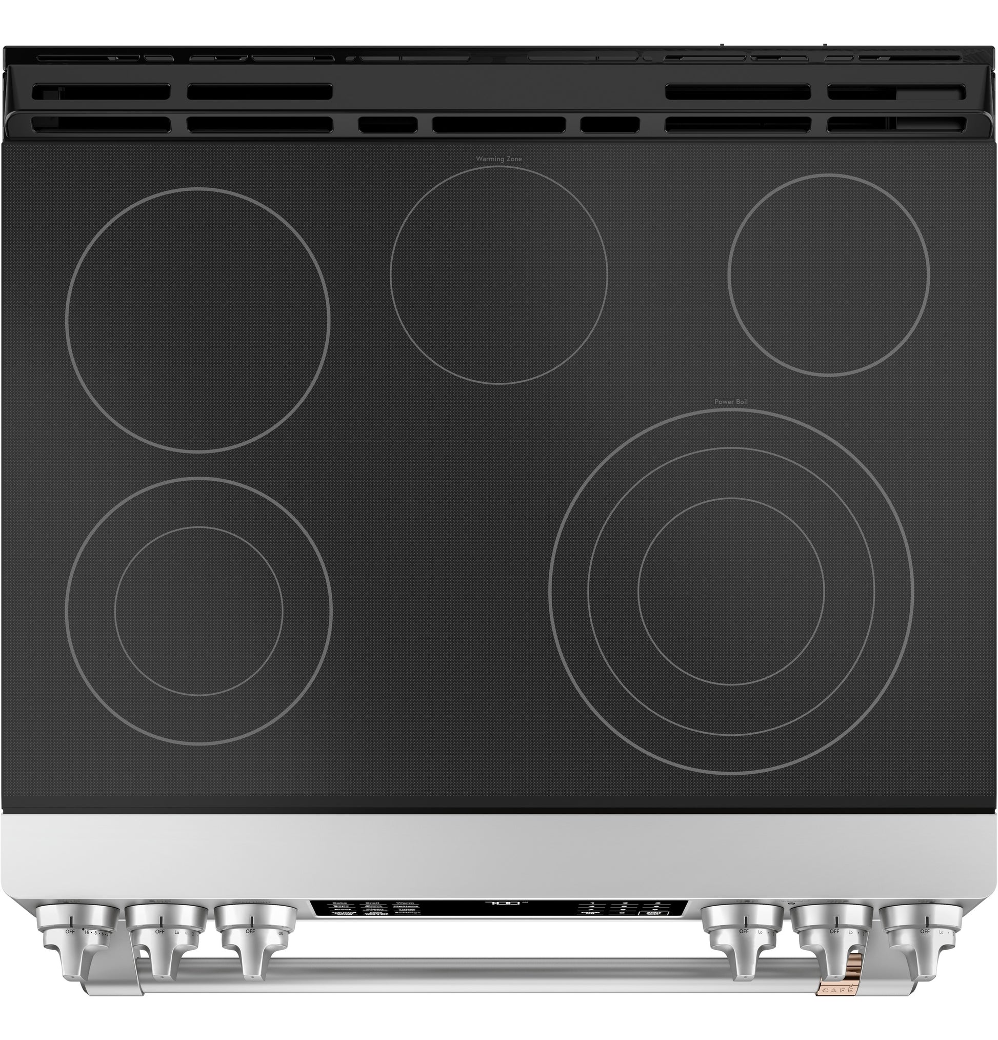 Top view of a black radiant cooktop with five burners and a front-control panel from kitchen appliances collection