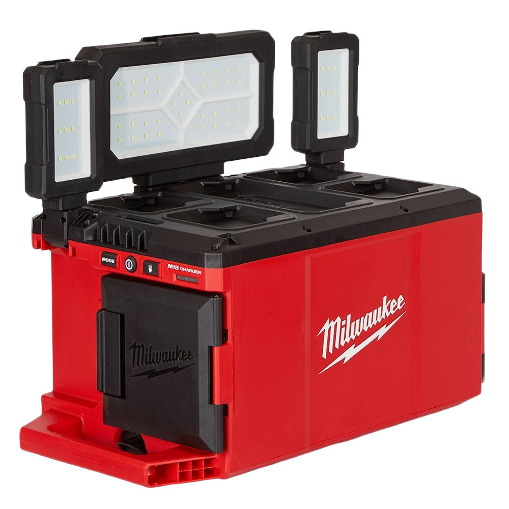 Red and black Milwaukee portable work light and charger with multi-directional LED panels for tools and home improvement tasks
