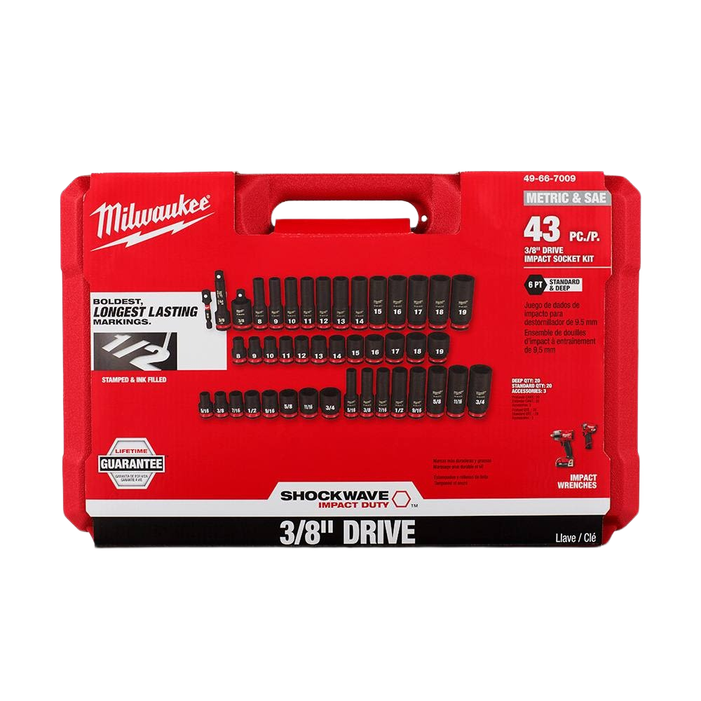 Red durable plastic case with 43 impact duty deep sockets in SAE and metric sizes for hand tools and woodworking collections