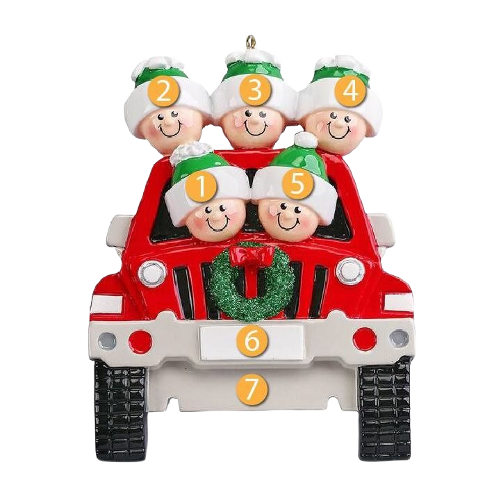 Festive red SUV ornament with five smiling children in green and white hats for Christmas Ornaments collection