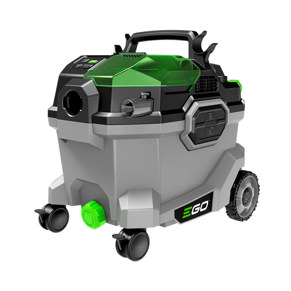 Compact gray and green cordless wet and dry vacuum with wheels and handle for tools and home improvement use