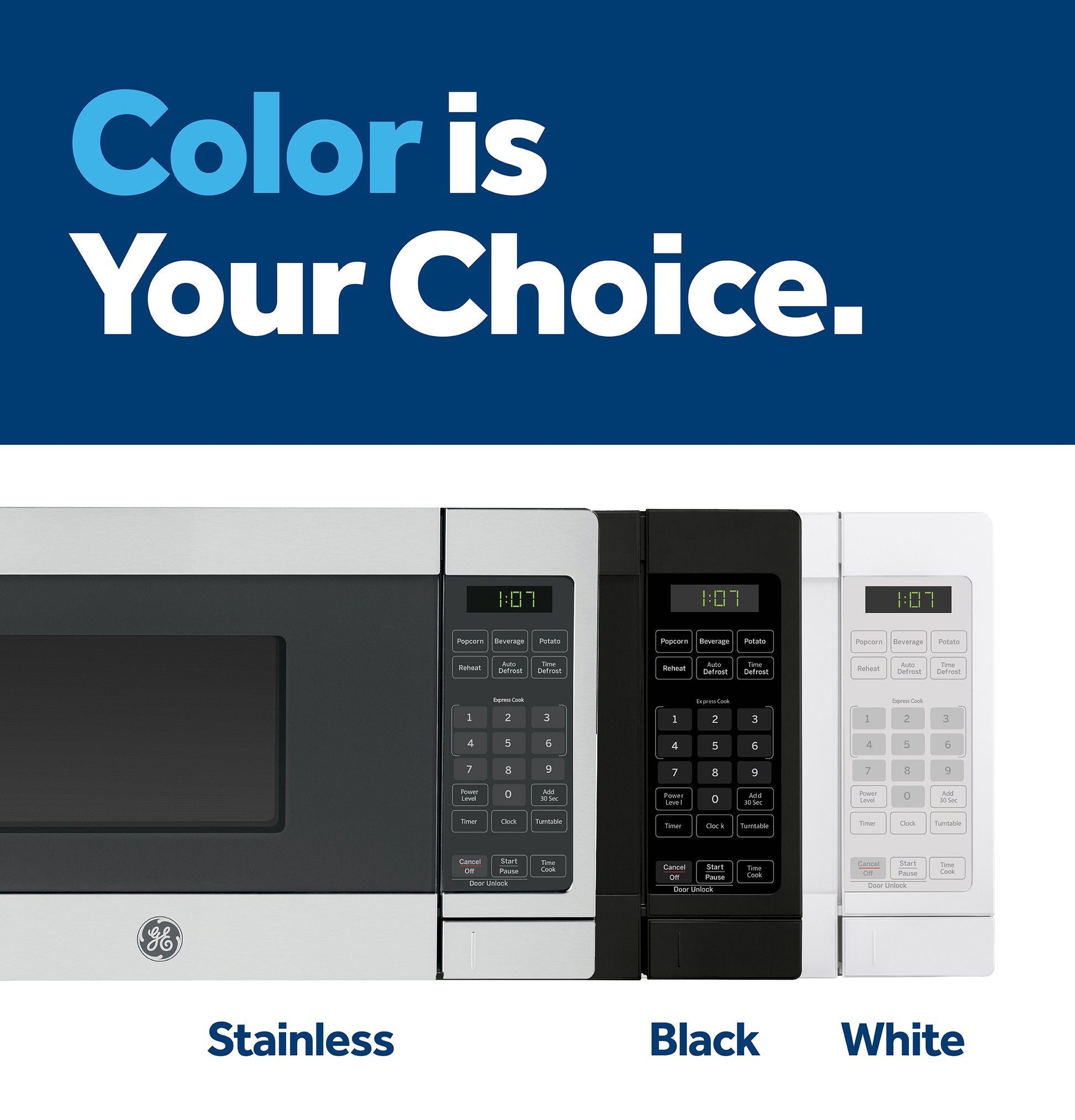 Three countertop microwaves in stainless steel, black, and white finishes side by side with digital control panels.