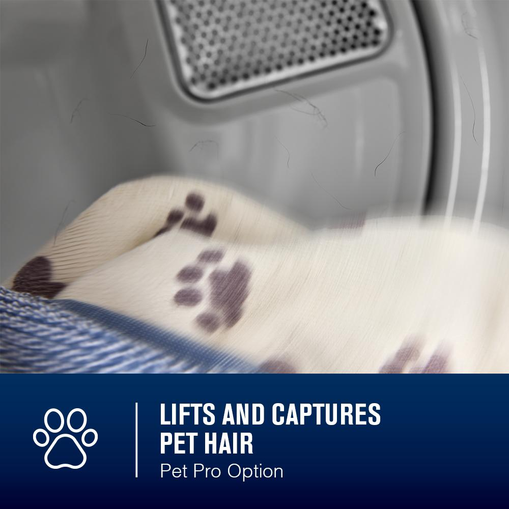 Close-up inside electric dryer drum with pet hair on fabric, highlighting the pet hair removal feature in Dryers collection.