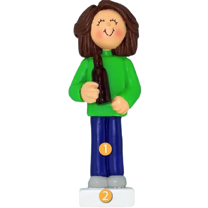 Personalized brunette female figurine holding a beer bottle for Christmas Ornaments & Tree Decorations under $50 collection