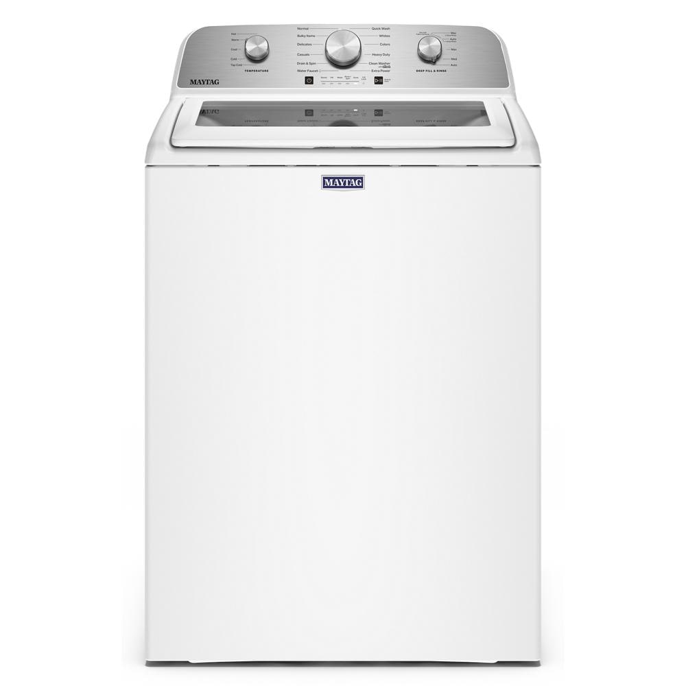 White top load agitator washer with stainless steel control panel and three knobs, part of Top Load Washers and Appliances collections at Hartville Hardware.