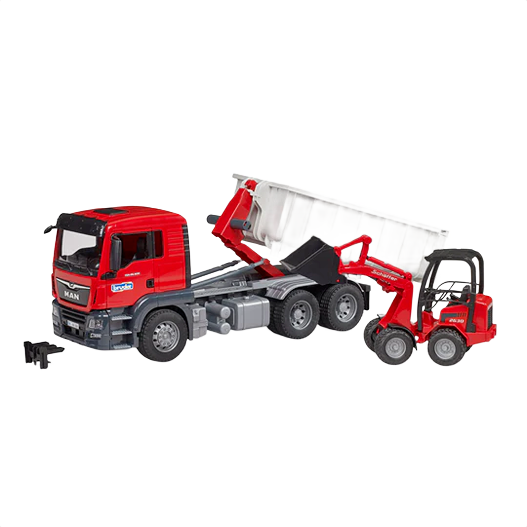 Red toy truck with roll-off container and compact loader, designed for realistic play and construction simulation.