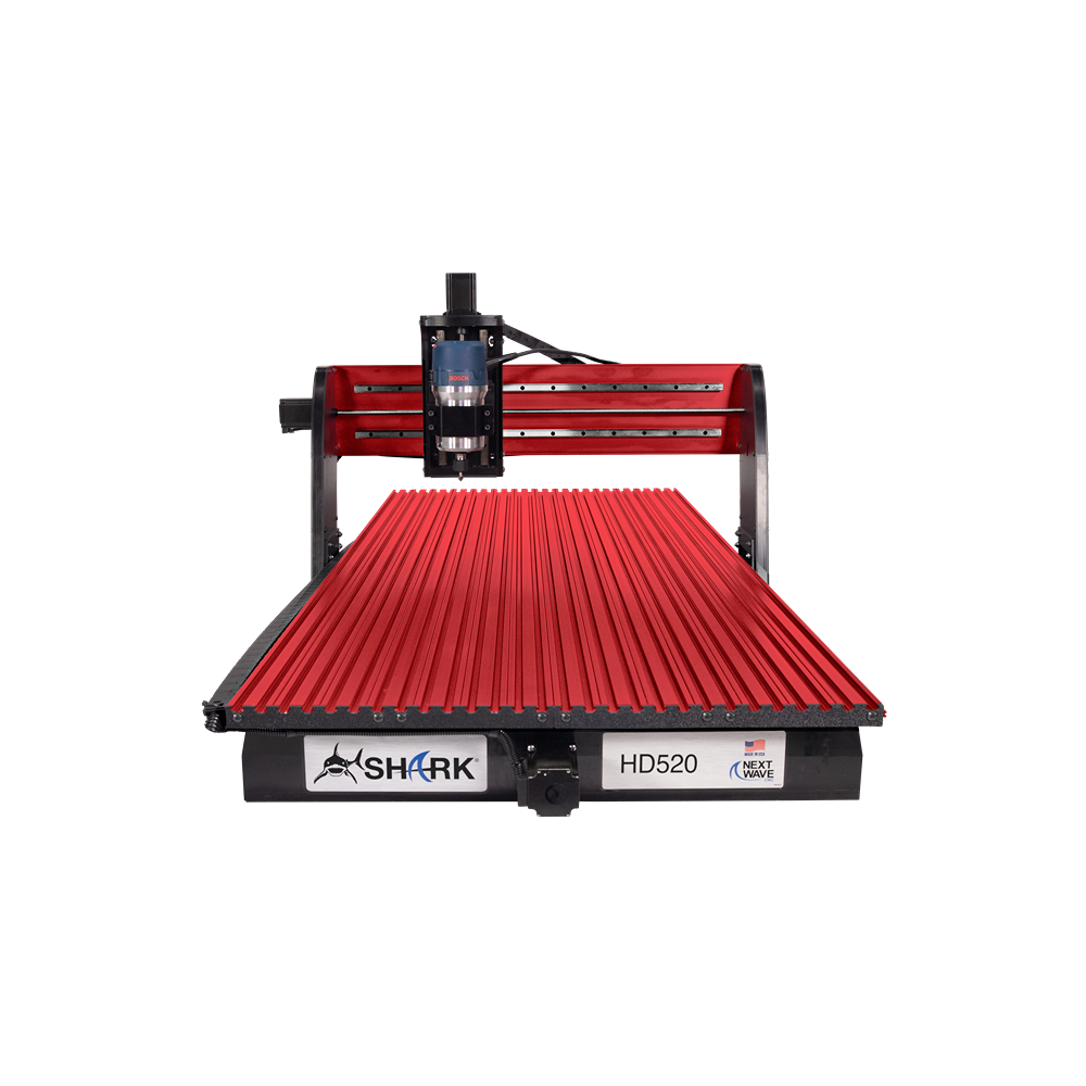 Compact red and black CNC router with ridged work surface for precision home improvement and woodworking projects