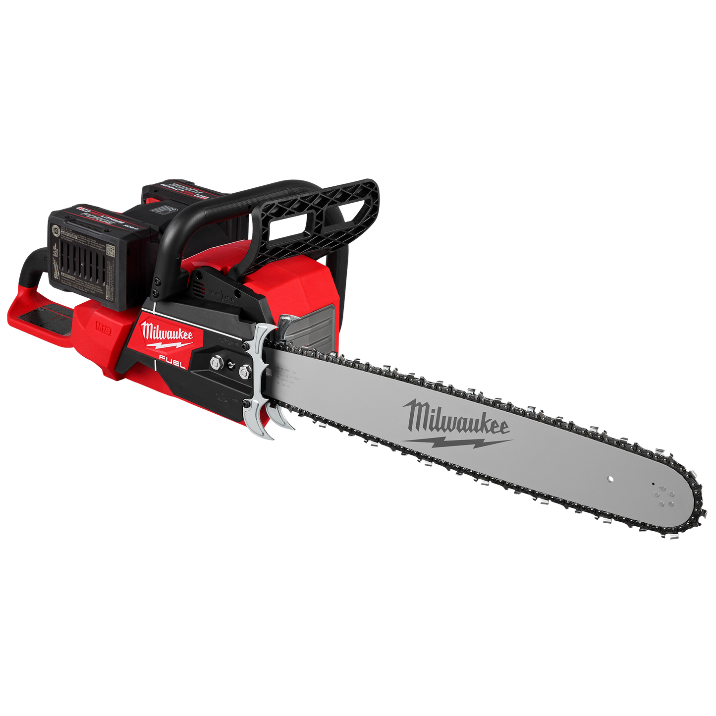Red and black cordless chainsaw with dual batteries and 20-inch bar for outdoor cutting and home improvement tasks
