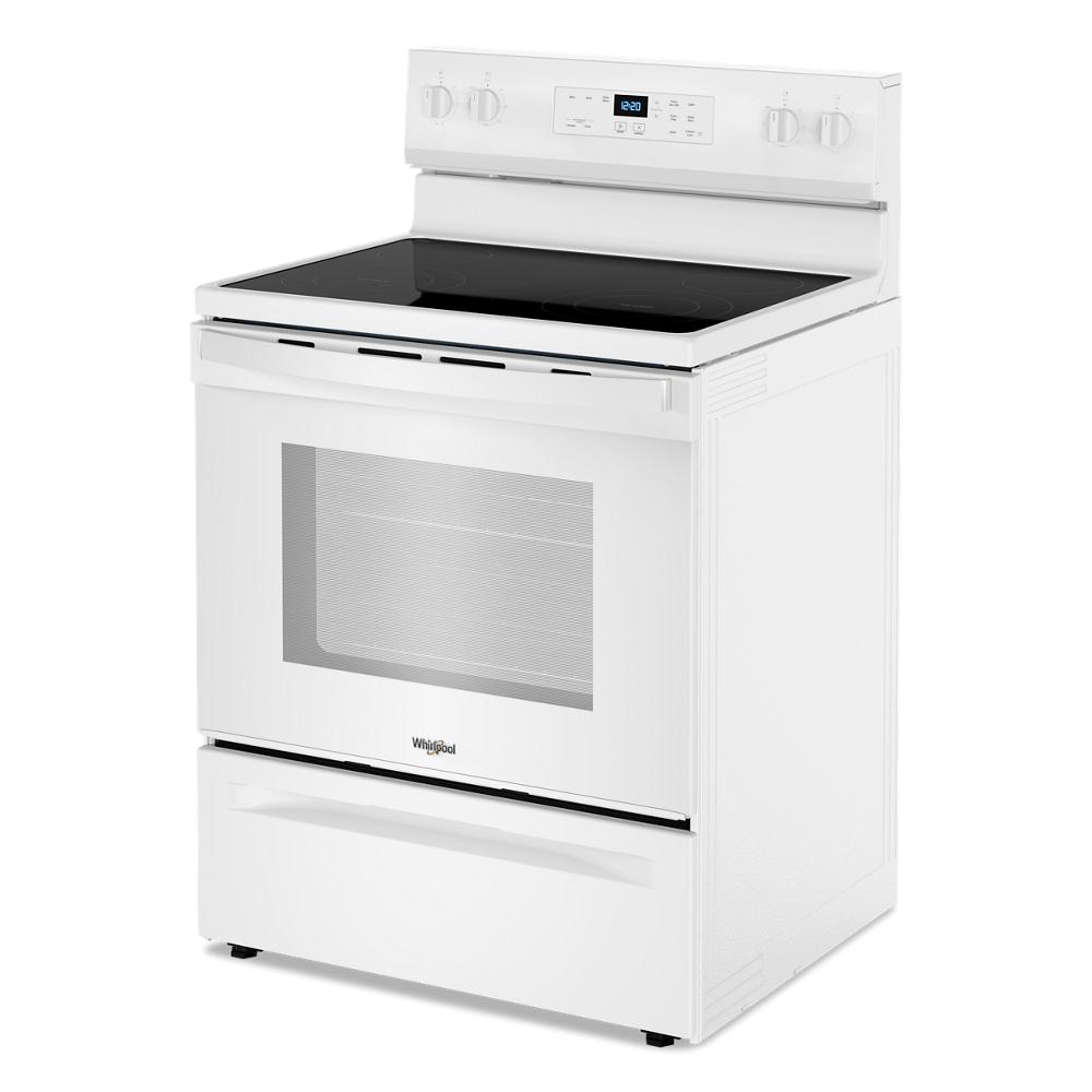 White freestanding electric range with smooth cooktop, digital controls, and large oven window from kitchen appliances collection