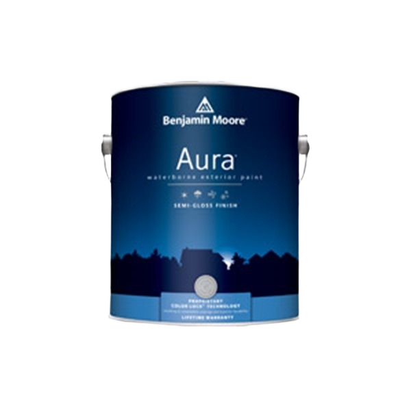 Blue can of Benjamin Moore Aura exterior semi-gloss paint for durable home improvement under $50 and exterior wall paint collections