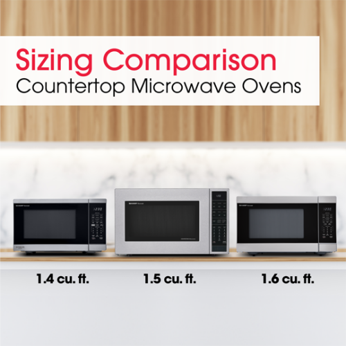 Three stainless steel countertop microwave ovens of different sizes displayed side by side for size comparison in kitchen appliances collection