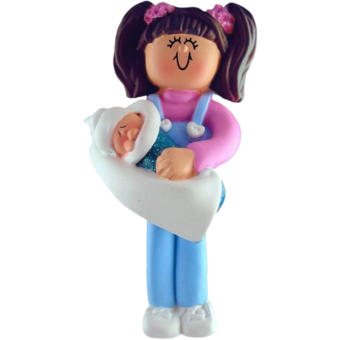 Brunette big sister figure holding wrapped sleeping baby in Christmas Ornaments & Tree Decorations under $50 collection