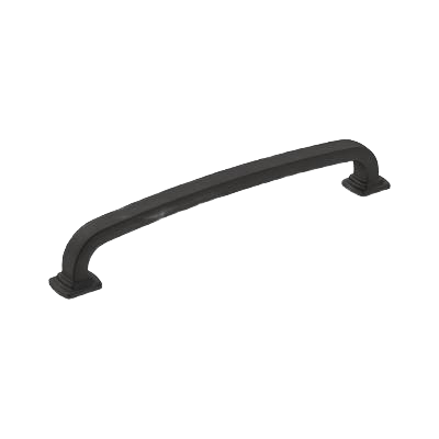 Matte black cabinet pull with bowing design and stepped pedestal feet for furniture hardware and home improvement