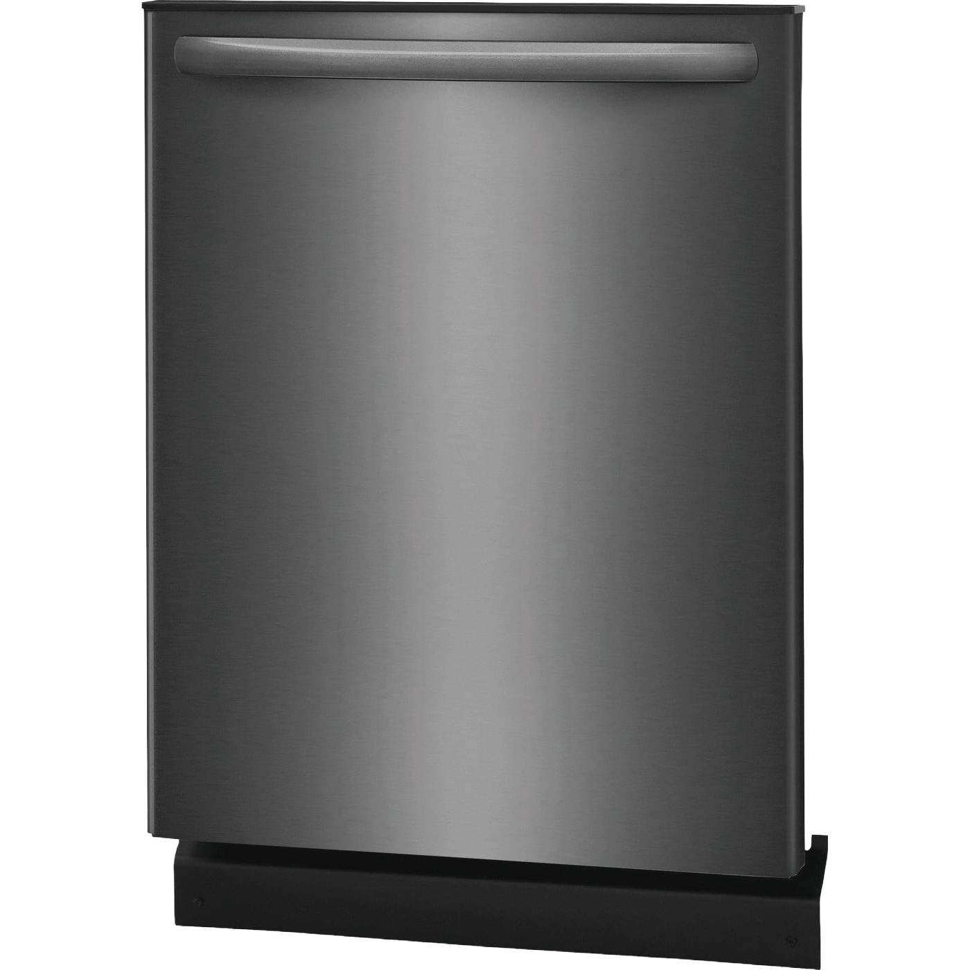 Front view of stainless steel built-in dishwasher with curved handle for modern kitchen appliance use