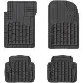 Set of four black heavy-duty floor mats with textured grip surfaces designed for tools and home improvement use