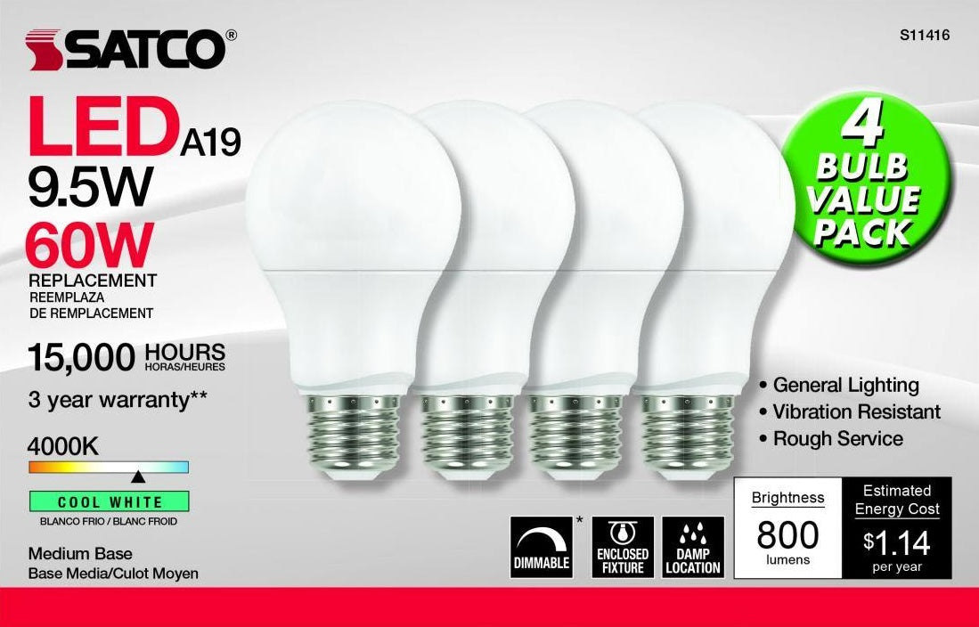 Set of four Satco energy-saving 9.5W LED A19 bulbs with medium base, dimmable and suitable for damp locations.