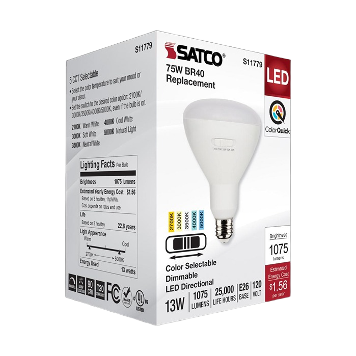 Satco LED BR40 bulb with medium base, dimmable feature, and selectable color temperature for home improvement lighting