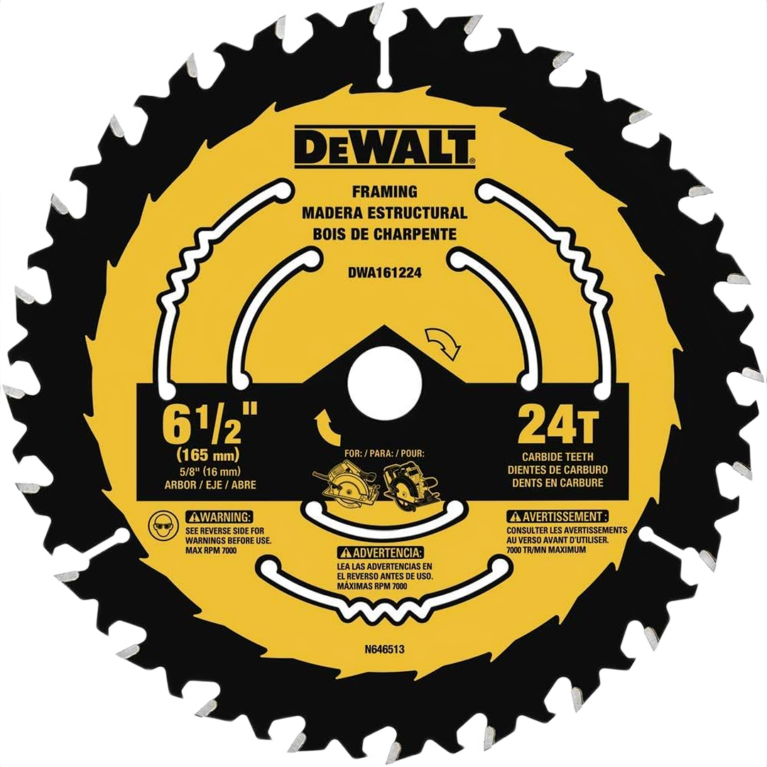 Yellow and black circular saw blade with 24 carbide teeth designed for home improvement and framing tasks