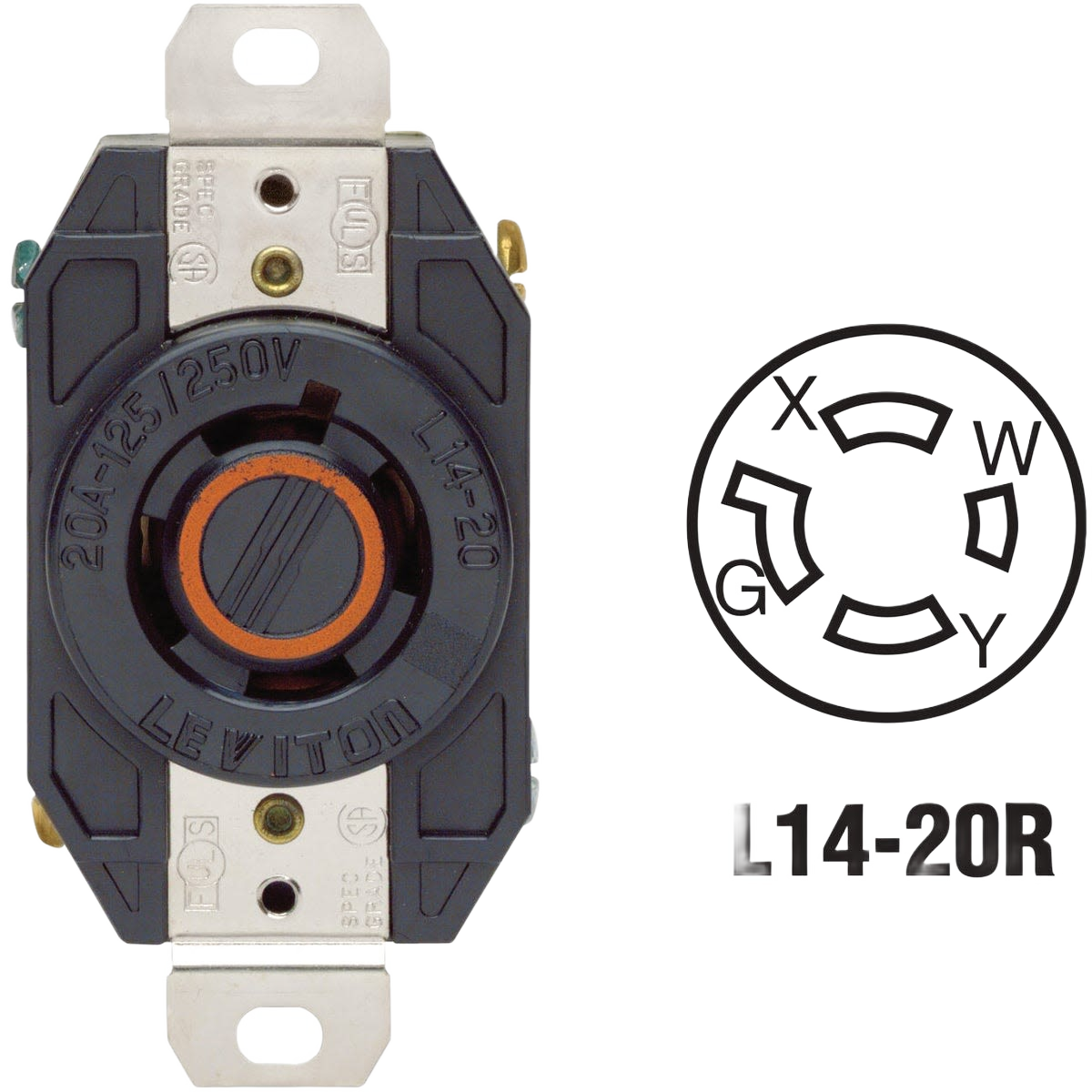 Black locking outlet receptacle with metal mounting straps and wiring diagram for 20 amp 125/250 volt connections
